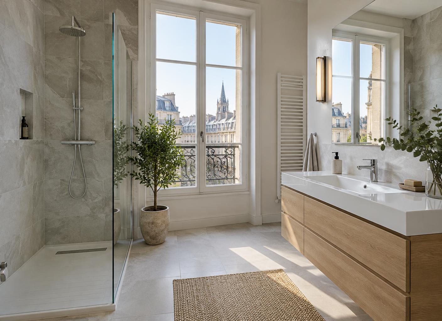 Illustration d’une salle de bain contemporaine avec douche et lavabo